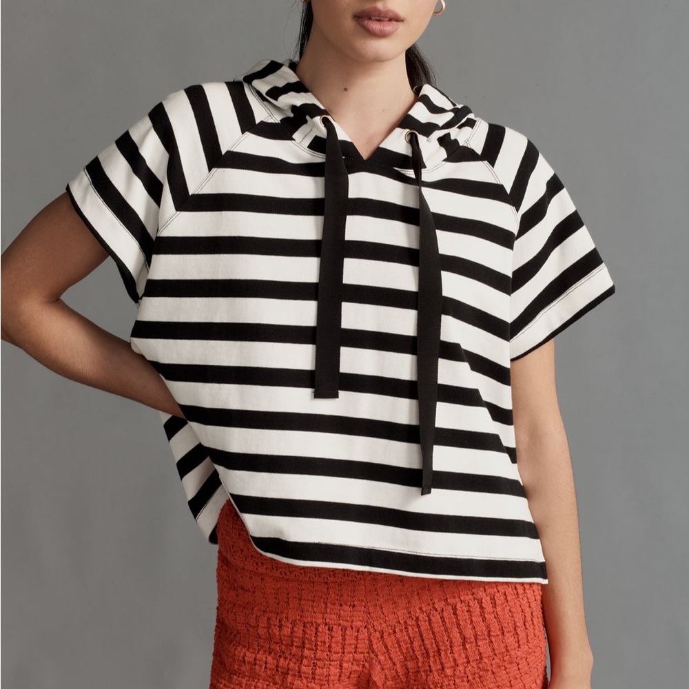 Maeve Black and White Striped short sleeve hoodie